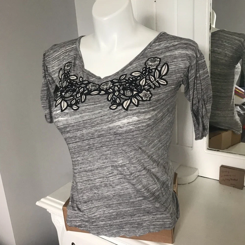 J. Crew Gray Crew Neck Embroidered Floral Top